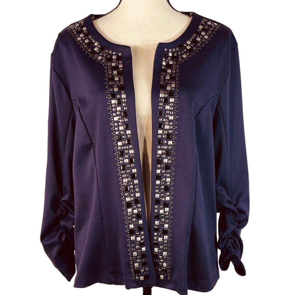 Dressbarn X-Large Open Cardigan 3/4 Ruched Sleeves Stretch Embellished Purple